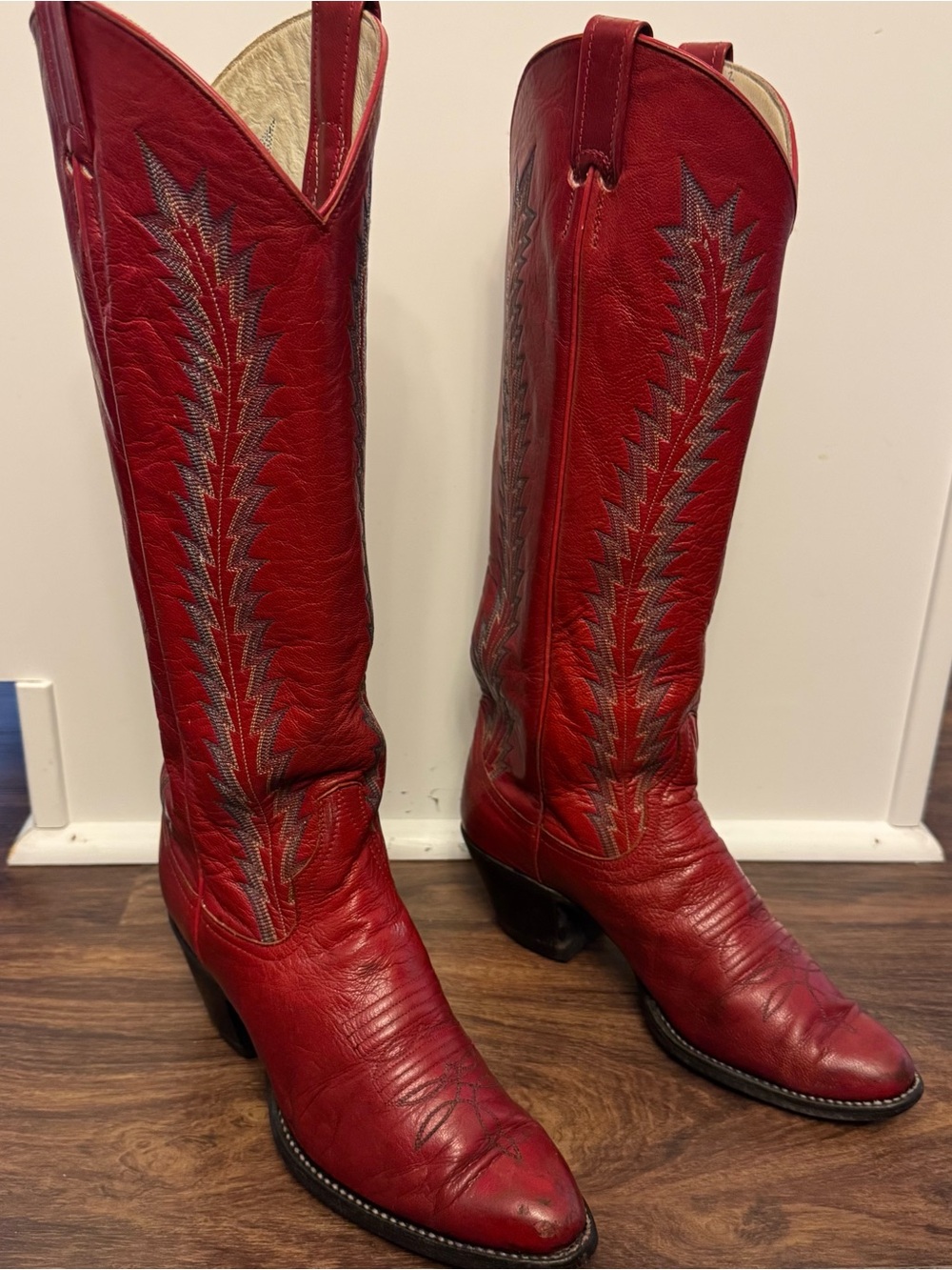 Vintage Larry Mahan Red Leather Tall Western Cowboy Boots